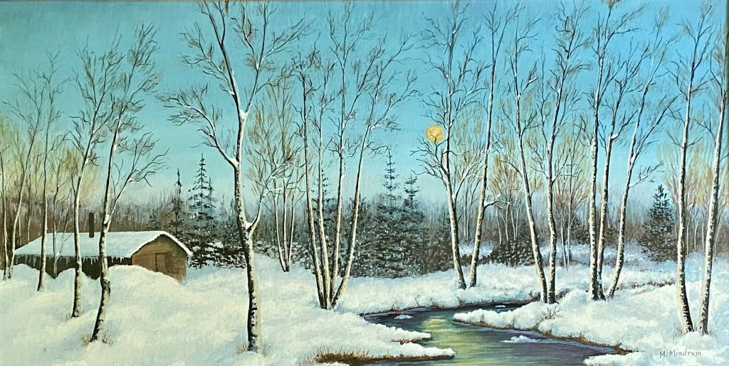 An elongated winter scene at twilight or night. A full moon shines through trees onto a reflective creak alongside a small house with a snow-covered roof.